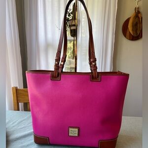 NEW Dooney & Bourke Saffiano Leisure Shopper Hot Pink Brown Leather Tote NWOT